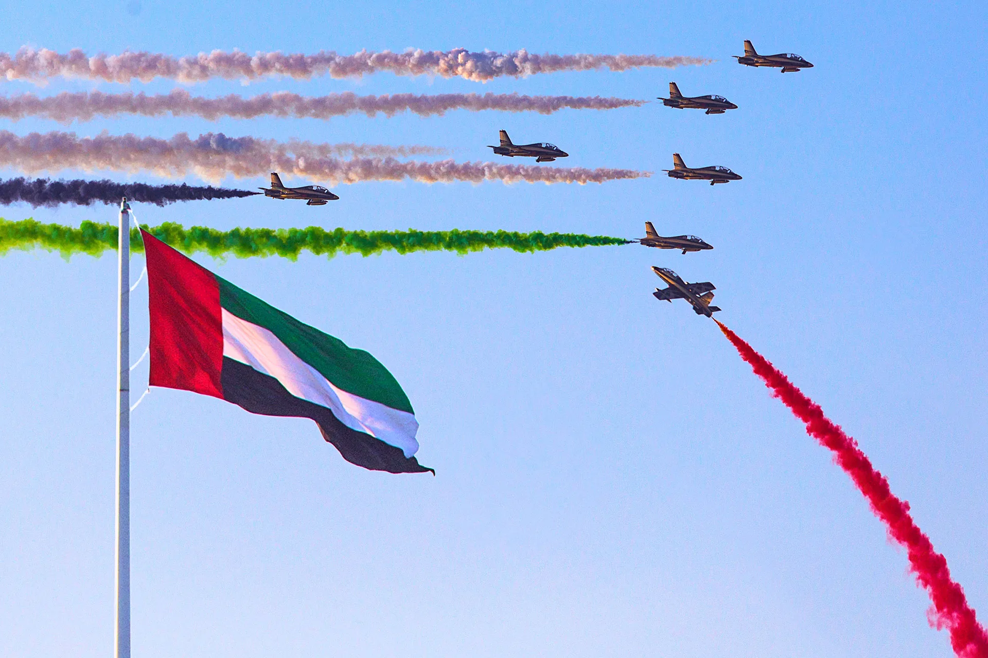 UAE Air Force jets flying over the national flag
